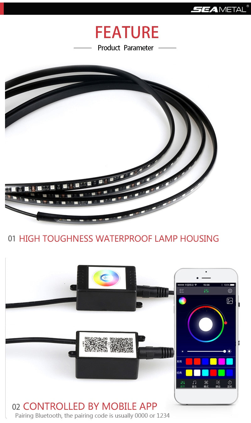 12V Underglow  With Remote System Lighting Car RGB Strip LED For Auto Lights Flexible Strip