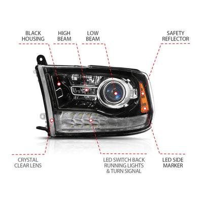 DODGE RAM 1500 09-18 / 2500/3500 10-18 PROJECTOR PLANK STYLE SWITCHBACK HEADLIGHTS GLOSS BLACK (OE STYLE) (FOR ALL MODELS)
