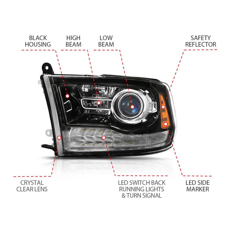 DODGE RAM 1500 09-18 / 2500/3500 10-18 PROJECTOR PLANK STYLE SWITCHBACK HEADLIGHTS GLOSS BLACK (OE STYLE) (FOR ALL MODELS)