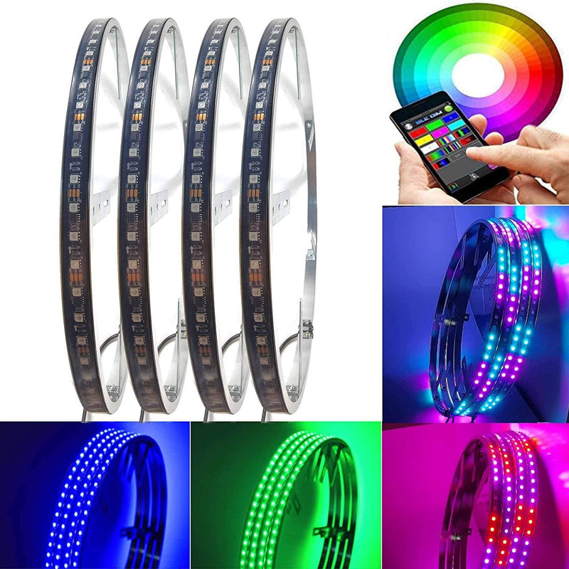 4pc RGBW chasing color 15 inch Single Row App Controlled LED Wheel Ring Light kit with Turn and brake Signal Light