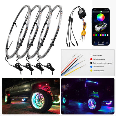 4Pcs 15.5 In Wheel lights LED  Neon Lamp With Brake Steering APP/Remote RGB Hub Light Auto Assesories