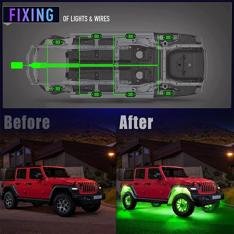 Multicolor Rock Lights Underglow for Trucks 4/6/8/10/12 Pods App Control 12V Off-Road Light Kit Jeep UTV SUV ATV RZR Trail Rig
