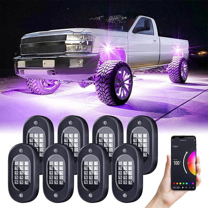 Multicolor Rock Lights Underglow for Trucks 4/6/8/10/12 Pods App Control 12V Off-Road Light Kit Jeep UTV SUV ATV RZR Trail Rig