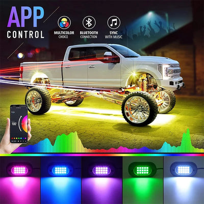 Multicolor Rock Lights Underglow for Trucks 4/6/8/10/12 Pods App Control 12V Off-Road Light Kit Jeep UTV SUV ATV RZR Trail Rig