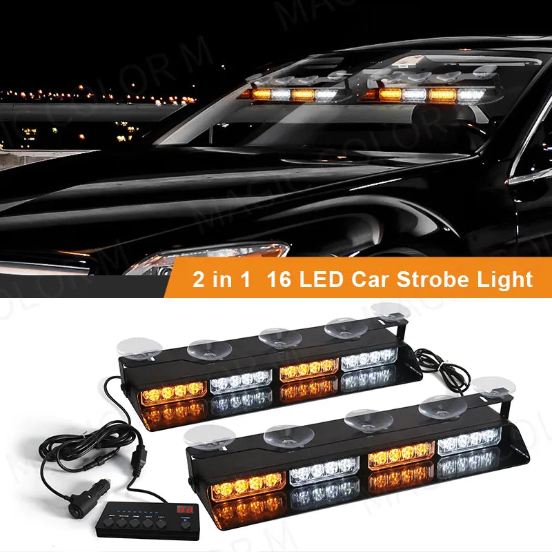 32 LED Car Strobe Lights 2-in-1 For Emergency Flash Warning Lamp Windshield Bar Red Blue Amber White Waterproof