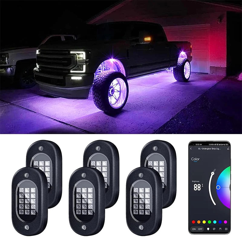 Multicolor Rock Lights Underglow for Trucks 4/6/8/10/12 Pods App Control 12V Off-Road Light Kit Jeep UTV SUV ATV RZR Trail Rig