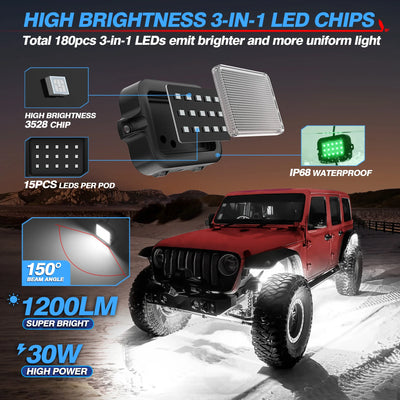 MICTUNING 12Pods Y1 Extensible RGB+IC LED Rock Lights Kit, Color Decorative Underbody Lights With Wireless APP Control For Truck