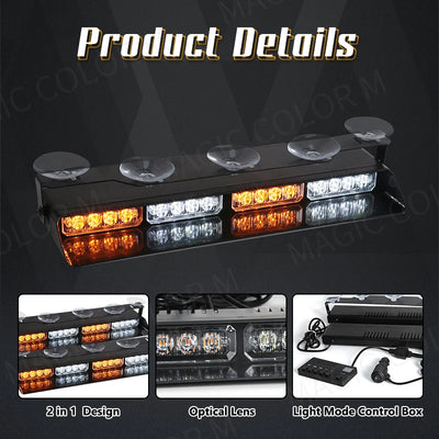 32 LED Car Strobe Lights 2-in-1 For Emergency Flash Warning Lamp Windshield Bar Red Blue Amber White Waterproof