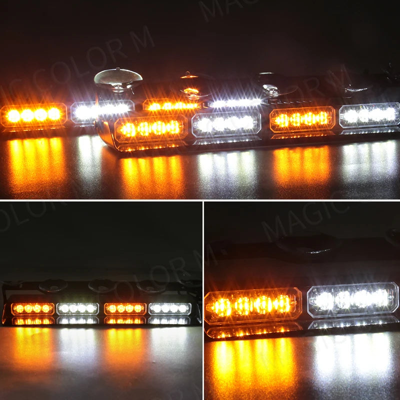 32 LED Car Strobe Lights 2-in-1 For Emergency Flash Warning Lamp Windshield Bar Red Blue Amber White Waterproof