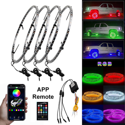 4Pcs 15.5 In Wheel lights LED  Neon Lamp With Brake Steering APP/Remote RGB Hub Light Auto Assesories