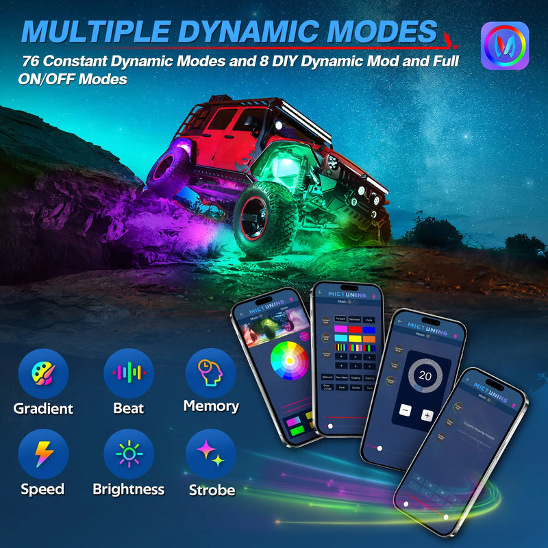 MICTUNING 12Pods Y1 Extensible RGB+IC LED Rock Lights Kit, Color Decorative Underbody Lights With Wireless APP Control For Truck