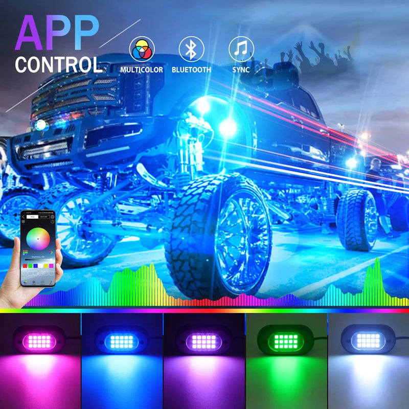 Multicolor Rock Lights Underglow for Trucks 4/6/8/10/12 Pods App Control 12V Off-Road Light Kit Jeep UTV SUV ATV RZR Trail Rig