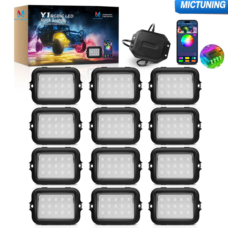 MICTUNING 12Pods Y1 Extensible RGB+IC LED Rock Lights Kit, Color Decorative Underbody Lights With Wireless APP Control For Truck