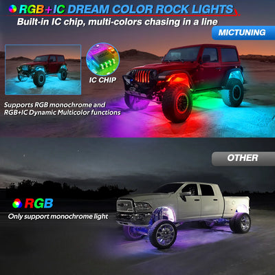 MICTUNING 12Pods Y1 Extensible RGB+IC LED Rock Lights Kit, Color Decorative Underbody Lights With Wireless APP Control For Truck