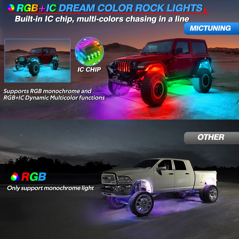 MICTUNING 12Pods Y1 Extensible RGB+IC LED Rock Lights Kit, Color Decorative Underbody Lights With Wireless APP Control For Truck