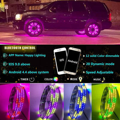 4pc RGBW chasing color 15 inch Single Row App Controlled LED Wheel Ring Light kit with Turn and brake Signal Light