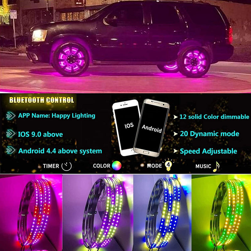 4pc RGBW chasing color 15 inch Single Row App Controlled LED Wheel Ring Light kit with Turn and brake Signal Light