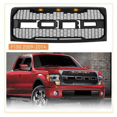 2009-2014 Ford F-150 Raptor Style Front Grille with Letters & Amber LED Lights Matte Black