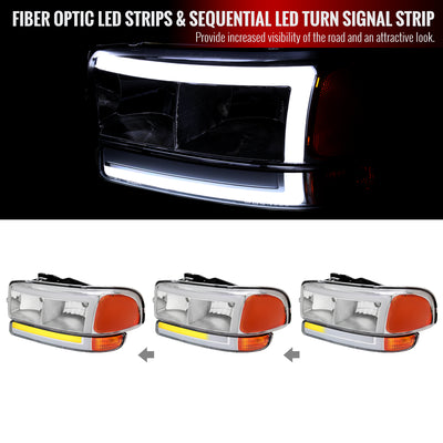 1999-2006 GMC Sierra/2007 Sierra Classic/2000-2006 Yukon/XL Factory Style Headlights and Sequential Turn Signal Bumper Lights (Chrome Housing/Clear Lens)