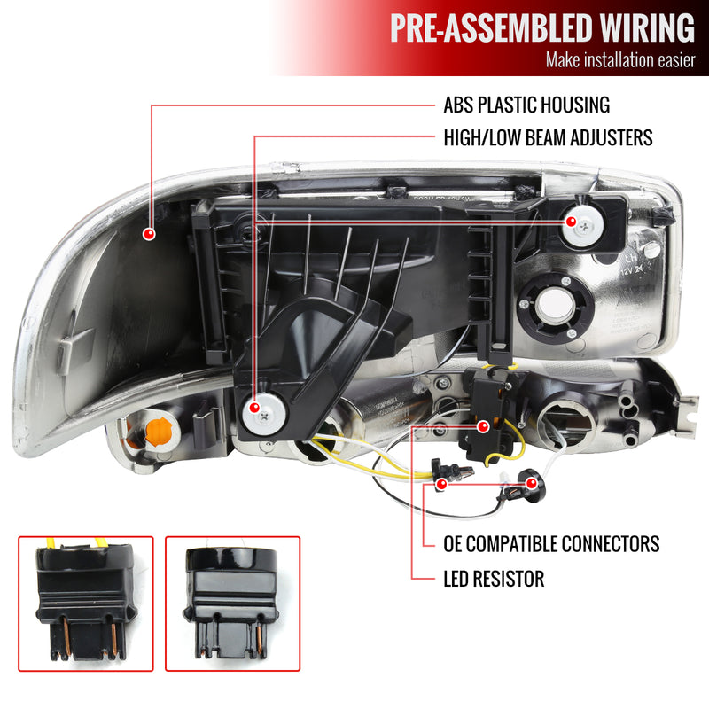 1999-2006 GMC Sierra/2007 Sierra Classic/2000-2006 Yukon/XL Factory Style Headlights and Sequential Turn Signal Bumper Lights (Chrome Housing/Clear Lens)