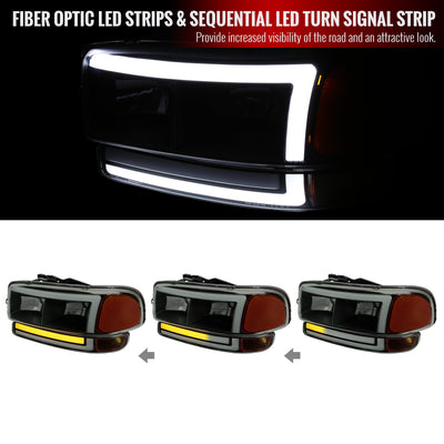 1999-2006 GMC Sierra/2007 Sierra Classic/2000-2006 Yukon/XL Factory Style Headlights and Sequential Turn Signal Bumper Lights (Matte Black Housing/Smoke Lens)