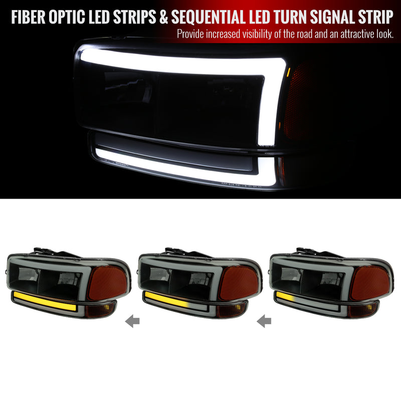 1999-2006 GMC Sierra/2007 Sierra Classic/2000-2006 Yukon/XL Factory Style Headlights and Sequential Turn Signal Bumper Lights (Matte Black Housing/Smoke Lens)