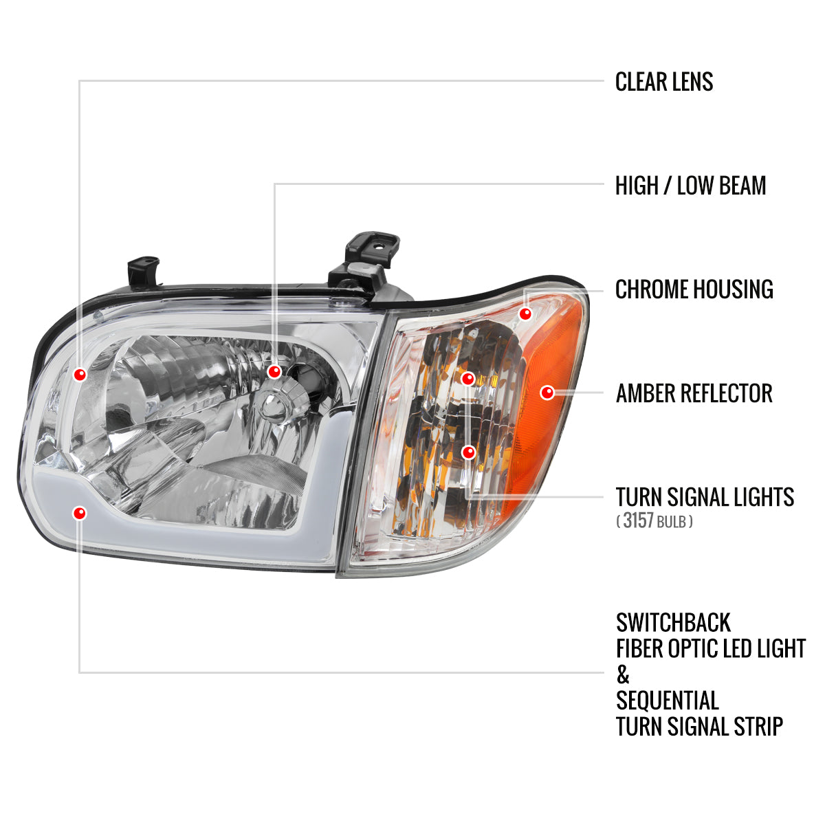 05-07 SEQUOIA LED BAR HEADLIGHT CORNER LIGHT COMBO CHROME HOUSING AND CLEAR LENS WITH SEQUENTIAL TURN SIGNAL - USES STOCK BULBS