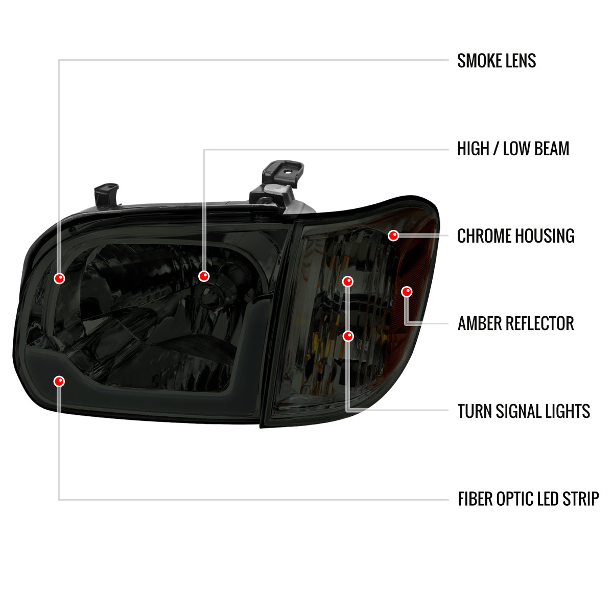 05-07 SEQUOIA LED BAR HEADLIGHT CORNER LIGHT COMBO CHROME HOUSING AND SMOKED LENS - USES STOCK BULBS