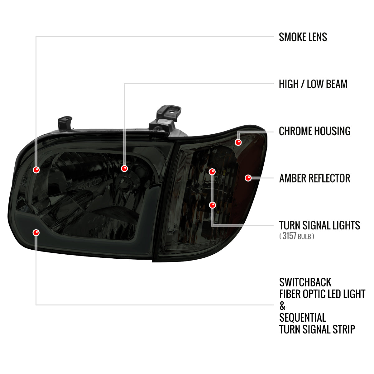 05-07 SEQUOIA LED BAR HEADLIGHT CORNER LIGHT COMBO CHROME HOUSING AND SMOKED LENS WITH SEQUENTIAL TURN SIGNAL - USES STOCK BULBS