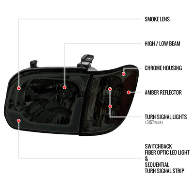 05-07 SEQUOIA LED BAR HEADLIGHT CORNER LIGHT COMBO CHROME HOUSING AND SMOKED LENS WITH SEQUENTIAL TURN SIGNAL - USES STOCK BULBS