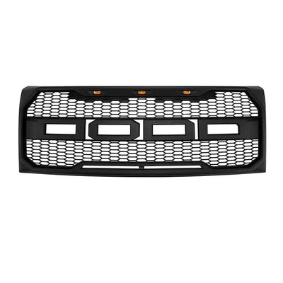 2009-2014 Ford F-150 Raptor Style Front Grille with Letters & Amber LED Lights Matte Black