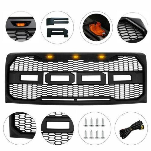 2009-2014 Ford F-150 Raptor Style Front Grille with Letters & Amber LED Lights Matte Black