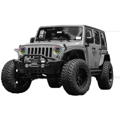 RGB 7" LED Headlight DRL Angel Eye Bluetooth Controlled for Jeep Wrangler