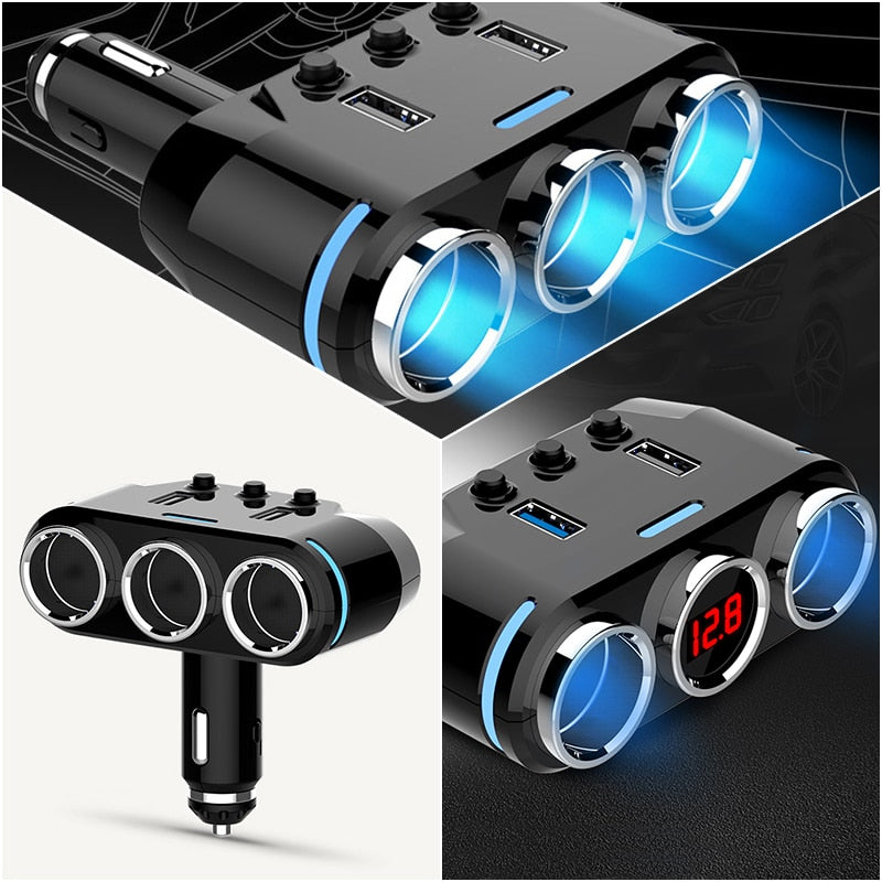 12V-24V 3-outlet Car Cigarette Lighter USB Charger Adapter