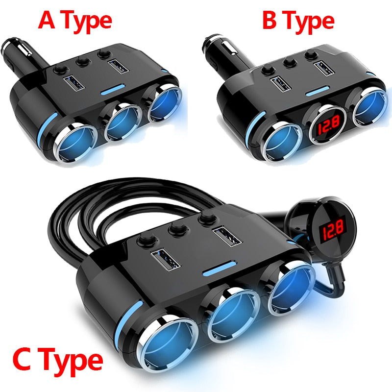 12V-24V 3-outlet Car Cigarette Lighter USB Charger Adapter