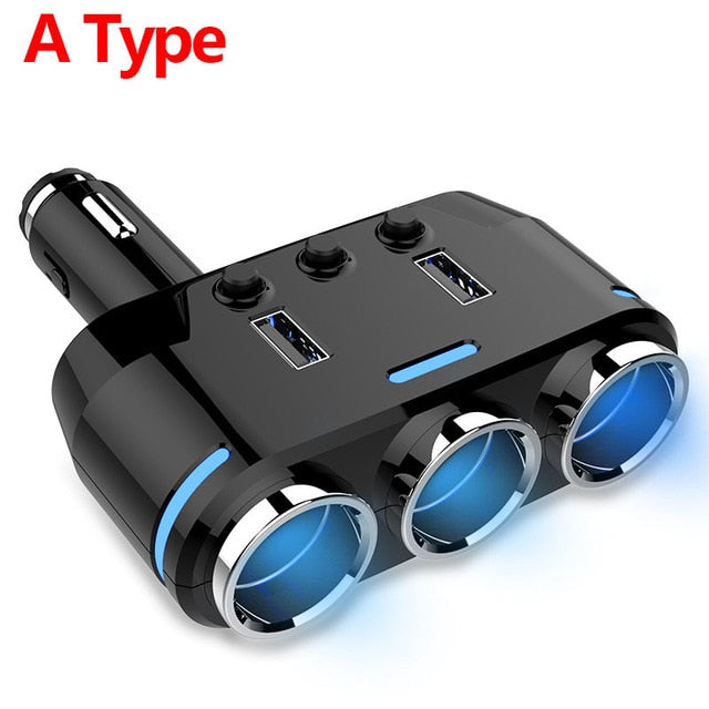 12V-24V 3-outlet Car Cigarette Lighter USB Charger Adapter